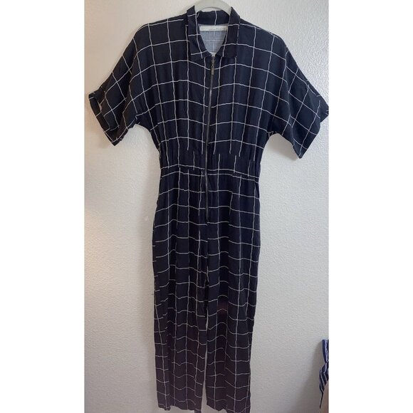 Stillwater Pants - STILLWATER Jumpsuit Black & White Plaid Zipper Short Sleeve Small Minimalist